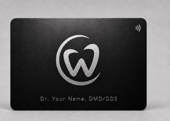Steel NFC Card front: engraved WIMD mark, NFC chip, and name line